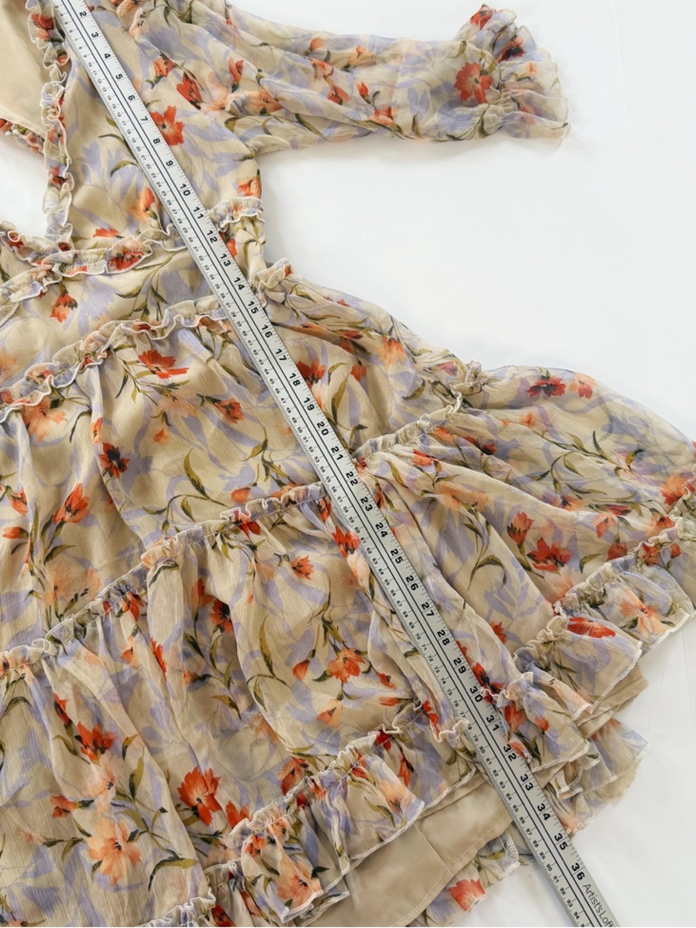 Vici Dress Womens Beige Floral Chiffon Ruffled Mini Boho Peasant - Picture 5 of 9